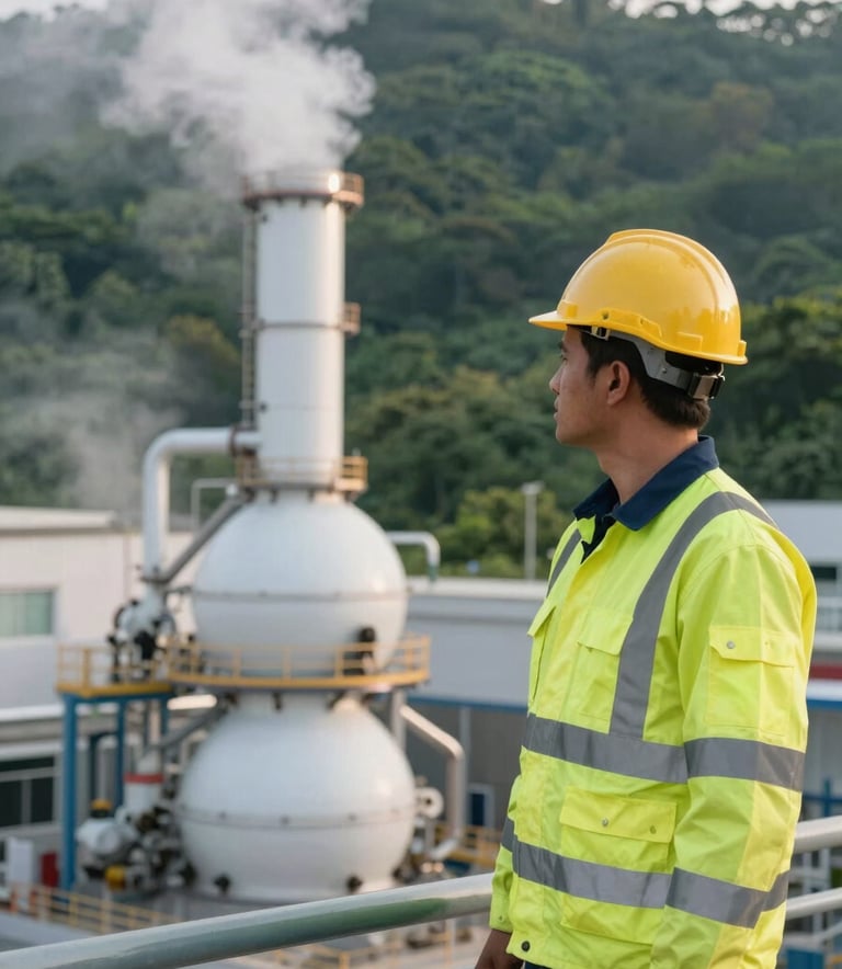 A professional engineer in high-visibility safety gear standing at a modern waste-to-energy facility in Indonesia, with mist white industrial equipment and deep forest green accents in the background, soft morning sunlight.