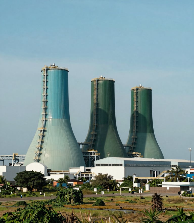 A wide-angle professional photograph of a modern, clean waste-to-energy facility in a Southeast Asian / Indonesian landscape, featuring Seaweed Teal and Deep Forest Green accents under a bright, clear sky.