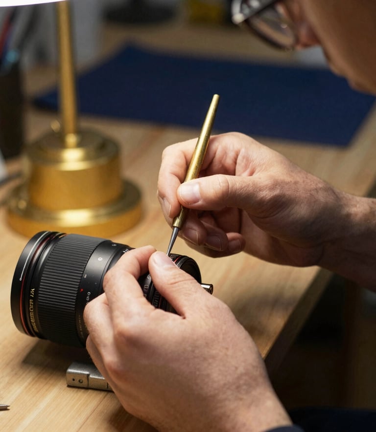 Close-up of a specialized workshop in a European studio in Portugal. A professional's hands are demonstrating a complex technique to a student. The lighting is warm and natural, creating an atmosphere of focused development. Accents of gold and dark blue are visible in the background.