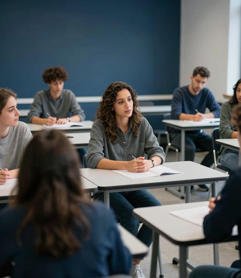 A professional European classroom setting in Portugal. A diverse group of learners is participating in an interactive workshop. The atmosphere is informative and trustworthy, with a palette of dark blue and greyish blue.