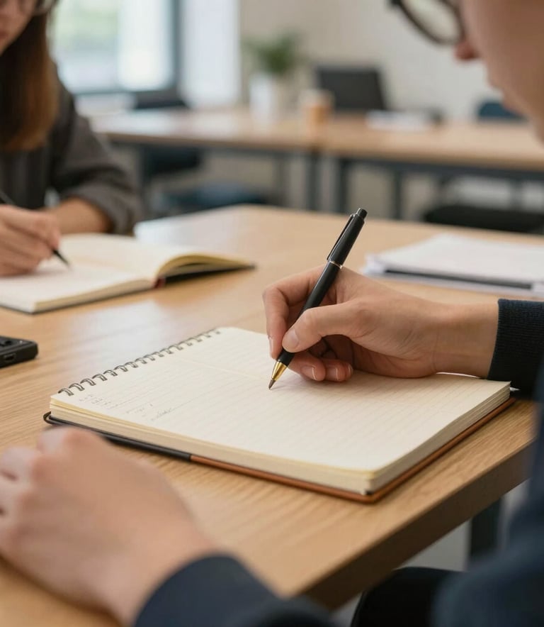 Close-up of hands writing in a notebook during a specialized vocational workshop, organized wooden desk, soft natural lighting in a modern European study center, professional atmosphere.