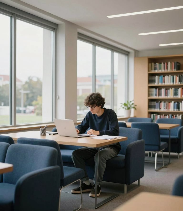 A focused student studying in a contemporary Portuguese library with large windows, light grey and navy blue furniture, calm and professional educational setting.