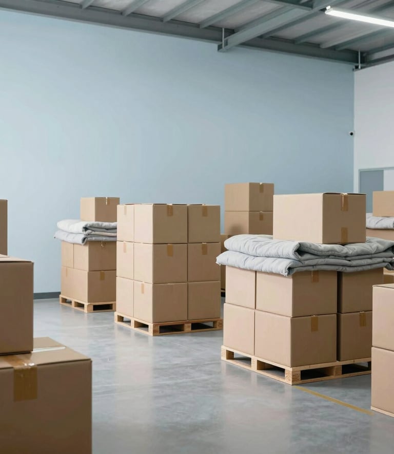 A wide angle professional photograph of a modern, clean warehouse interior for a moving company in South America. The space is organized with stacks of uniform cardboard boxes and protective blankets. The lighting is bright and airy, using soft pearl and pale sky blue tones to create a sense of calm and efficiency.