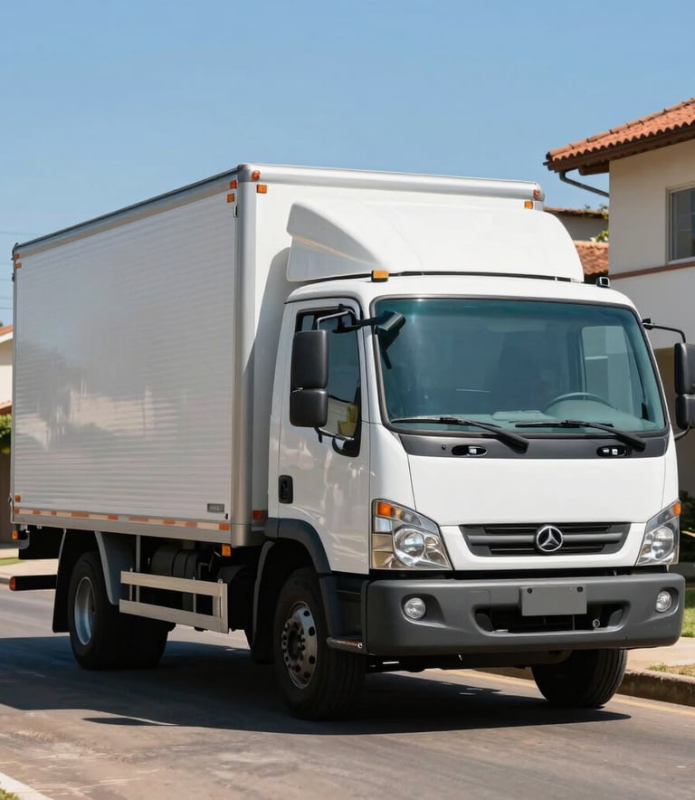 A medium-sized modern moving truck parked in a sunny South American / Brazilian residential neighborhood, clear blue sky, clean and professional look with Soft Blue accents on the vehicle.