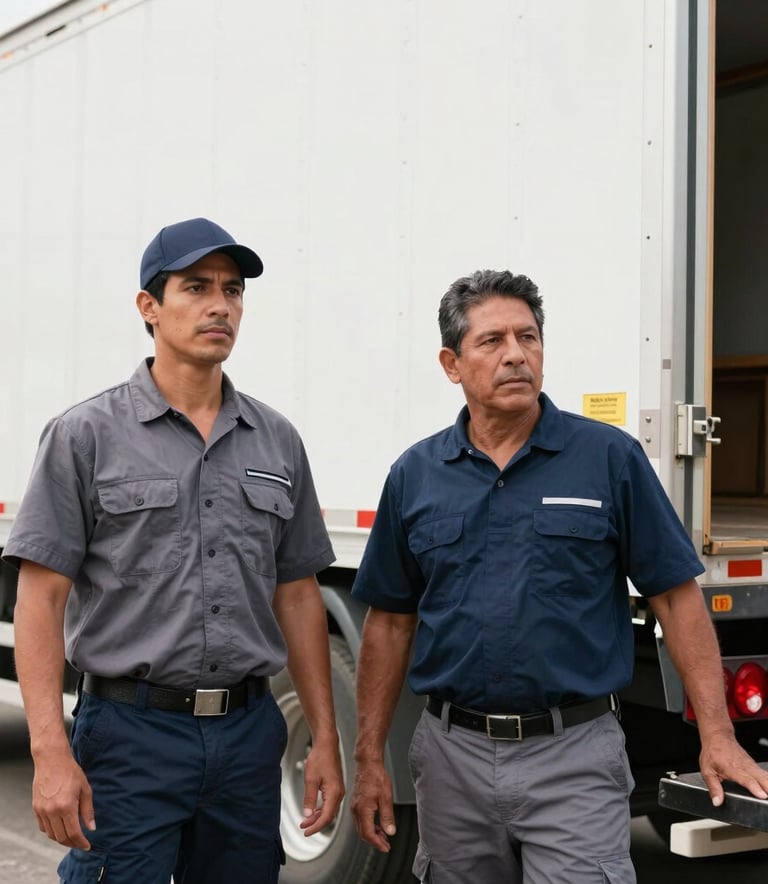 A medium shot of two professional movers in South America standing next to the tailboard of a large, clean truck. They are dressed in matching navy and slate gray uniforms, looking professional and ready to assist. The scene is bright and conveys trust and security.