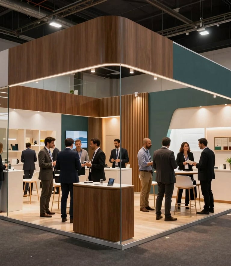 A wide-angle photograph of a sophisticated corporate exhibition in a modern Brazilian convention center. The space features elegant booths with clean lines, glass partitions, and warm brown and muted teal accents. Soft architectural lighting highlights the meticulous organization, with South American attendees engaged in professional networking.