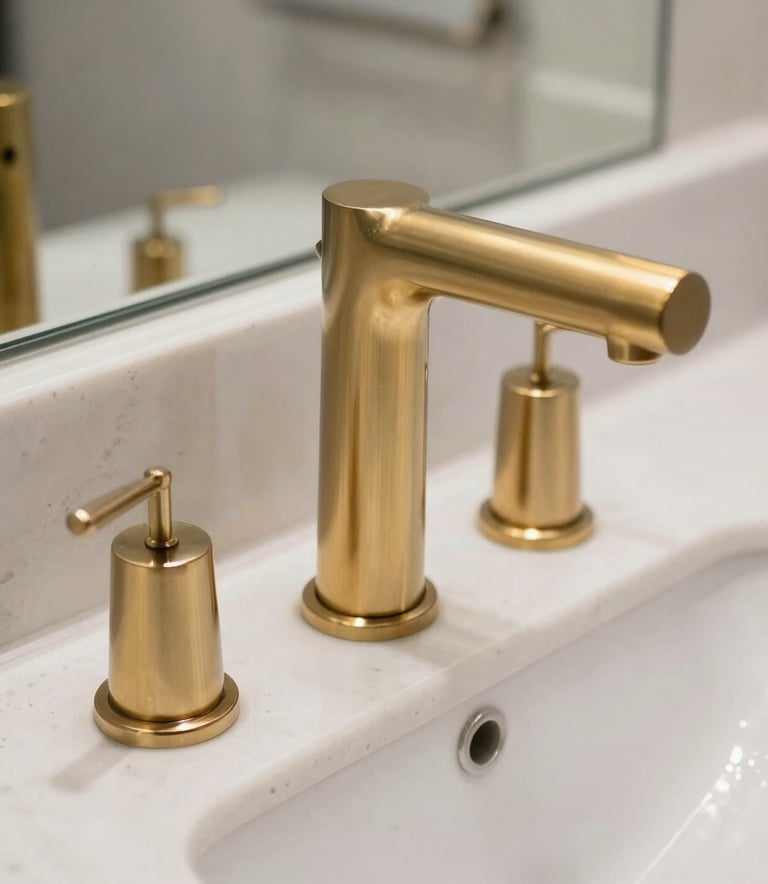 Close-up detail of luxury bathroom fixtures: a brushed gold faucet on a white quartz countertop. The composition is artistic and architectural, reflecting a North American / US modern design studio style.