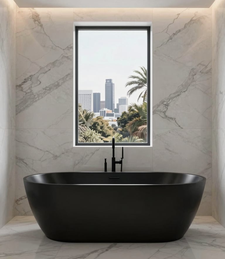 A high-end architectural photograph of a luxury bathroom in a North American / US home. Focus on a sleek matte black bathtub against a white marble wall with a single vertical window showing Los Angeles foliage. Minimalist, serene lighting, white and soft gray color palette.