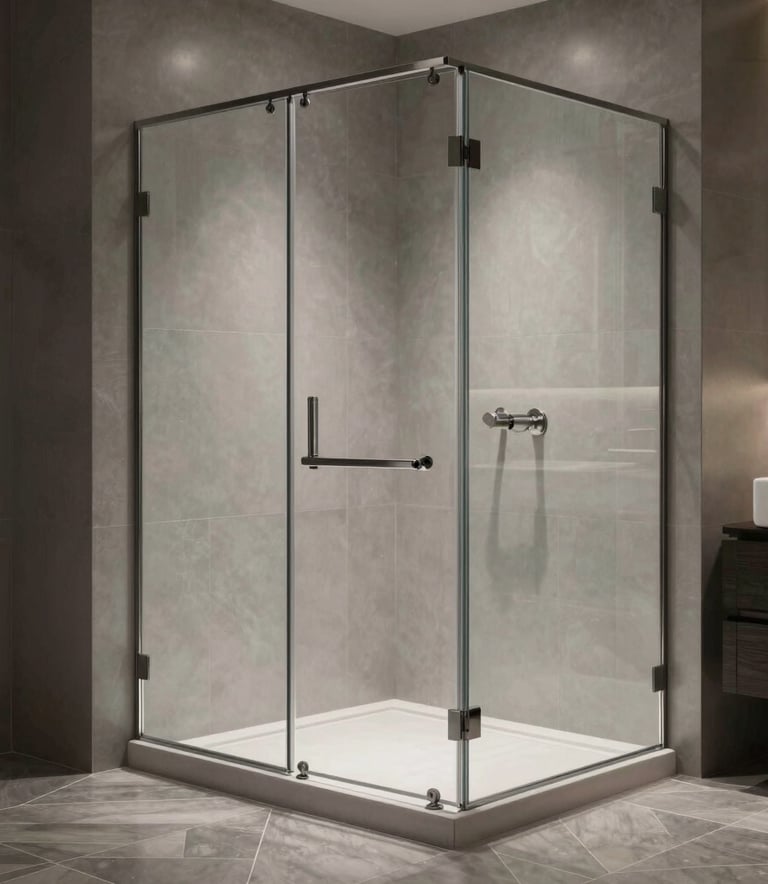 A sleek, frameless glass shower enclosure in a modern bathroom with geometric gray floor tiles and a minimalist aesthetic, North American / US luxury interior.