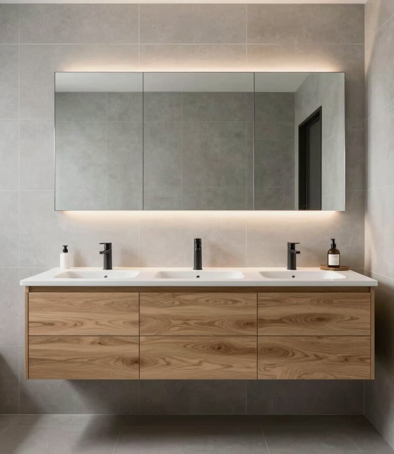 A minimalist spa-like bathroom in a high-end North American home, featuring a floating oak vanity, soft gray wall tiles, and architectural lighting, captured in a clean and airy photography style.