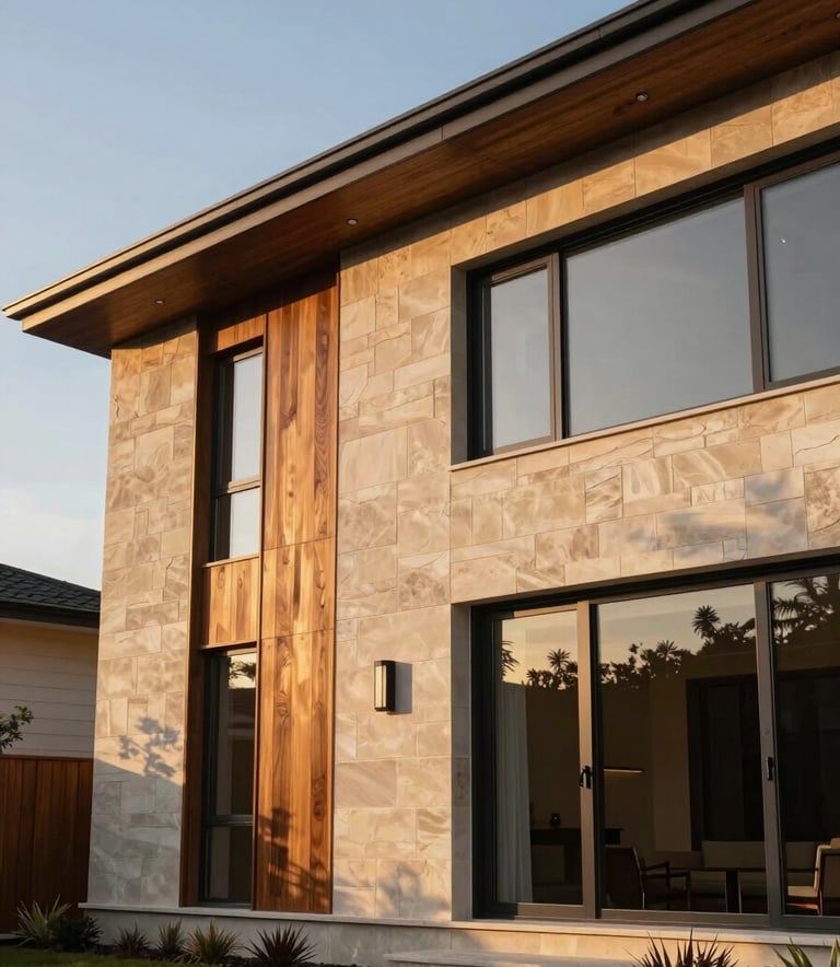 A low-angle exterior shot of a modern custom-built house featuring warm walnut wood accents and soft sand stone walls, illuminated by the warm light of a golden hour sunset, conveying luxury and reliability.