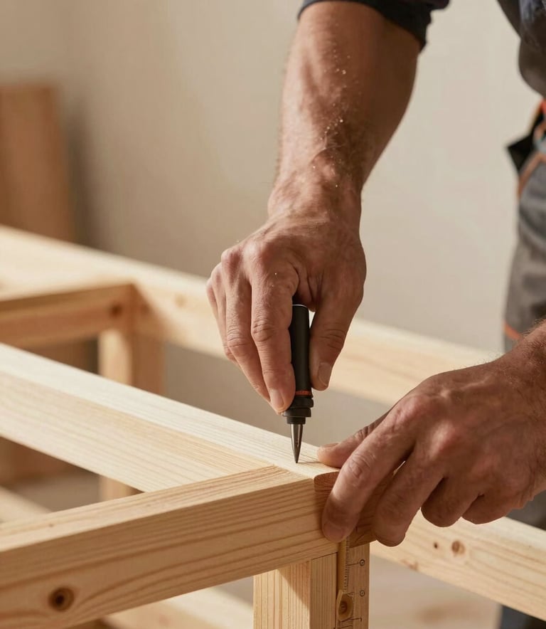 A close-up shot of a master builder's hands working with precision tools on a timber frame. The lighting is warm and natural, emphasizing the texture of the wood. The background features a soft sandy beige wall and subtle hints of warm taupe construction materials, showcasing modern craftsmanship.