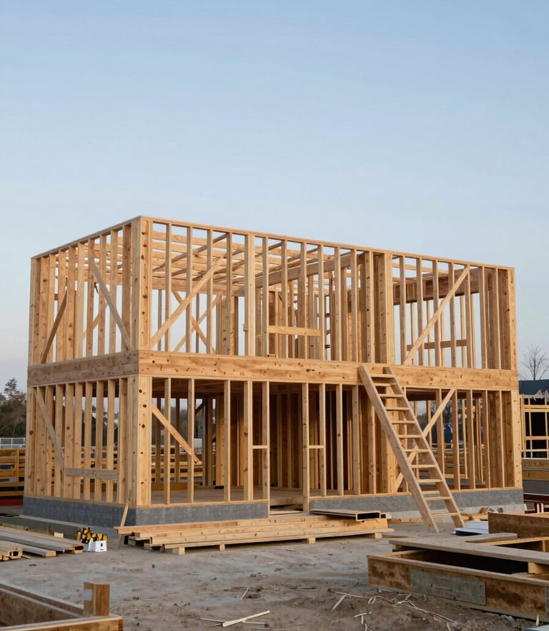A professional construction site showing the sturdy timber frame of a new house against a clear sky, highlighting quality materials and organized work, in a clean and approachable photographic style.