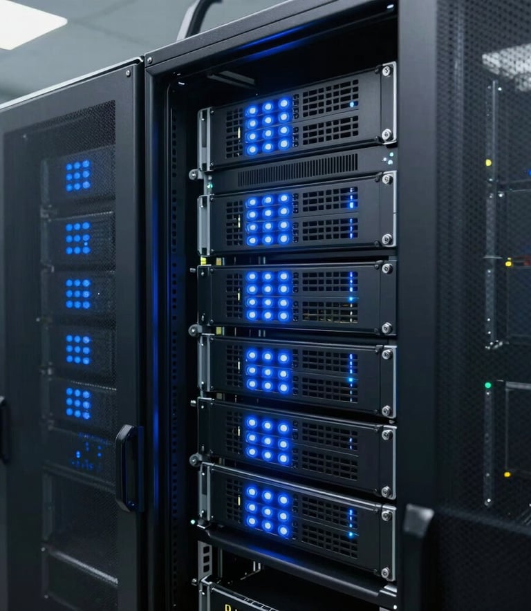 Photography of a modern server rack with glowing electric blue indicators in a clean data center, South American corporate setting, representing reliability and high technology.