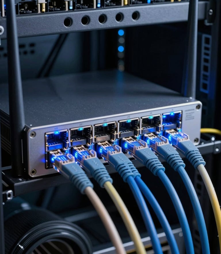 Detailed photography of a high-speed router with blinking electric blue lights and professionally organized ethernet cables in a modern Ecuadorian data center, cinematic lighting.
