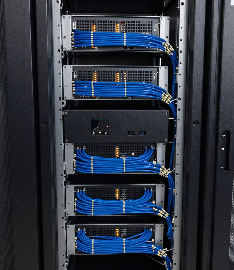 View of a modern cloud server rack with organized blue wiring and glowing led indicators, clean technological setup.