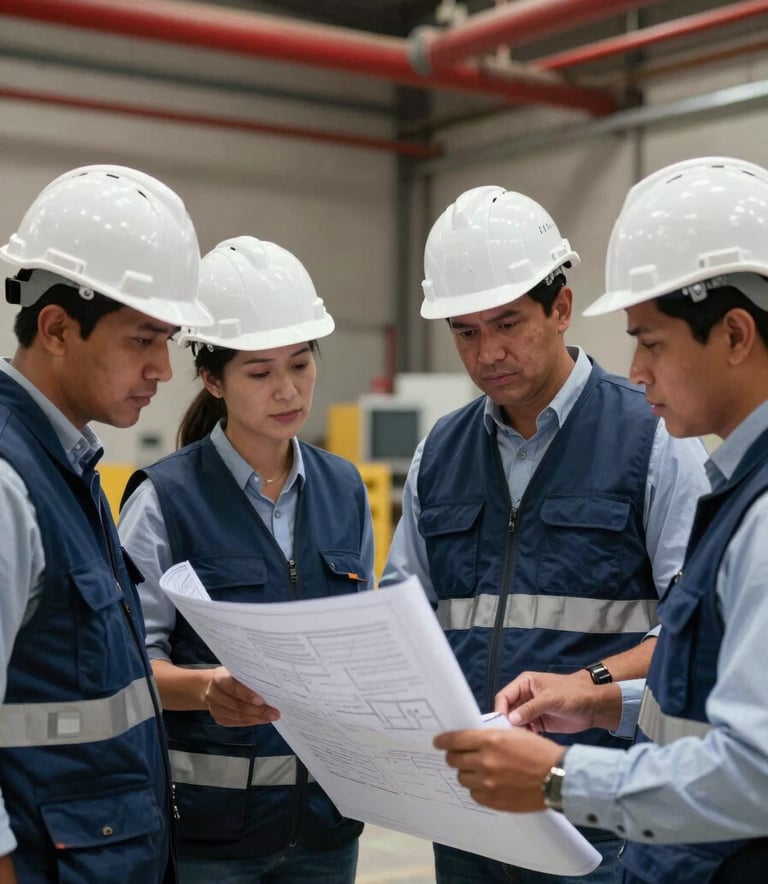 A group of South American Brazilian safety engineers wearing white hard hats and navy blue vests looking at a blueprint inside a large warehouse, red fire sprinkler pipes visible on the ceiling, professional style.