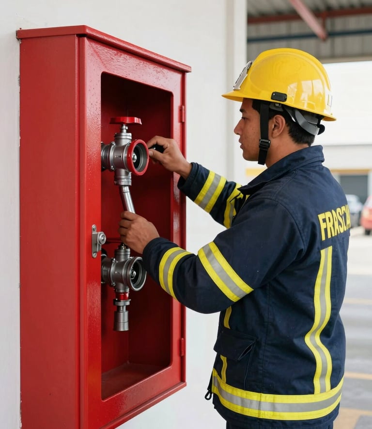 A South American Brazilian fire safety inspector in a navy blue uniform inspecting a red wall-mounted fire hose cabinet in a modern industrial building, bright natural lighting, professional atmosphere.