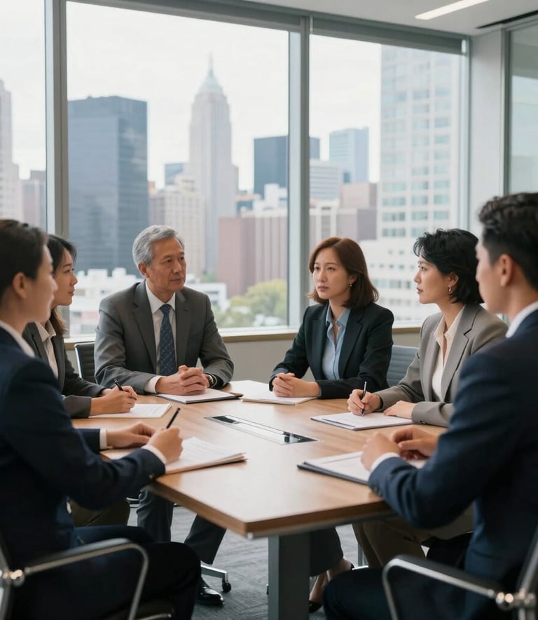 A diverse group of professional tax consultants in a collaborative meeting inside a glass-walled conference room overlooking a US city skyline, dressed in business attire, modern and clean aesthetic, bright natural light.