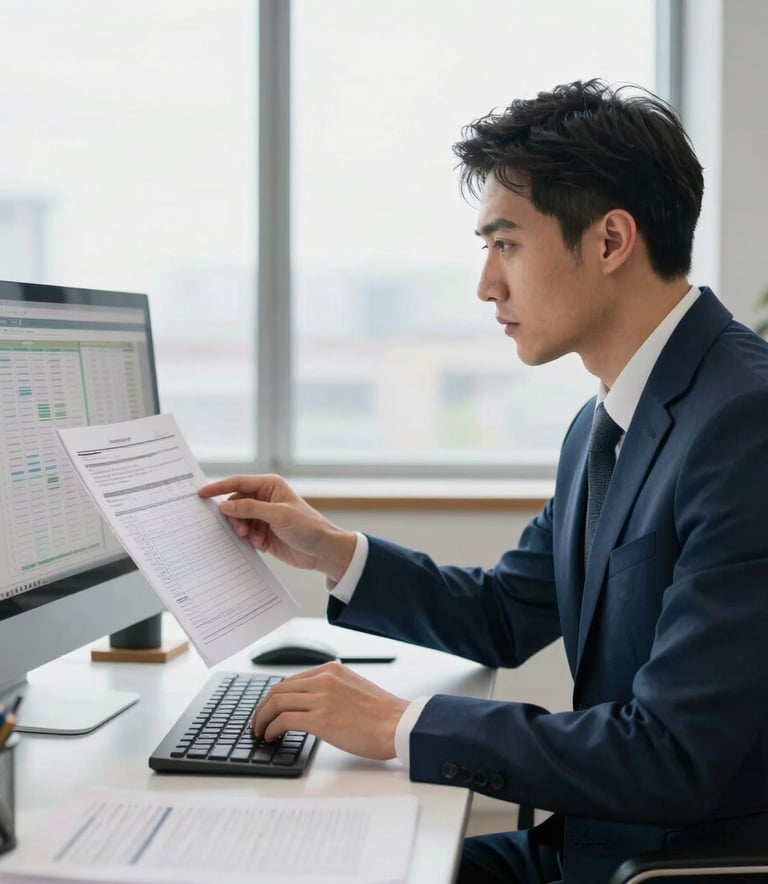A professional accountant working in a clean, brightly lit North American office, wearing a dark blue suit, looking at financial spreadsheets on a modern monitor, natural window lighting, high-end desk accessories.
