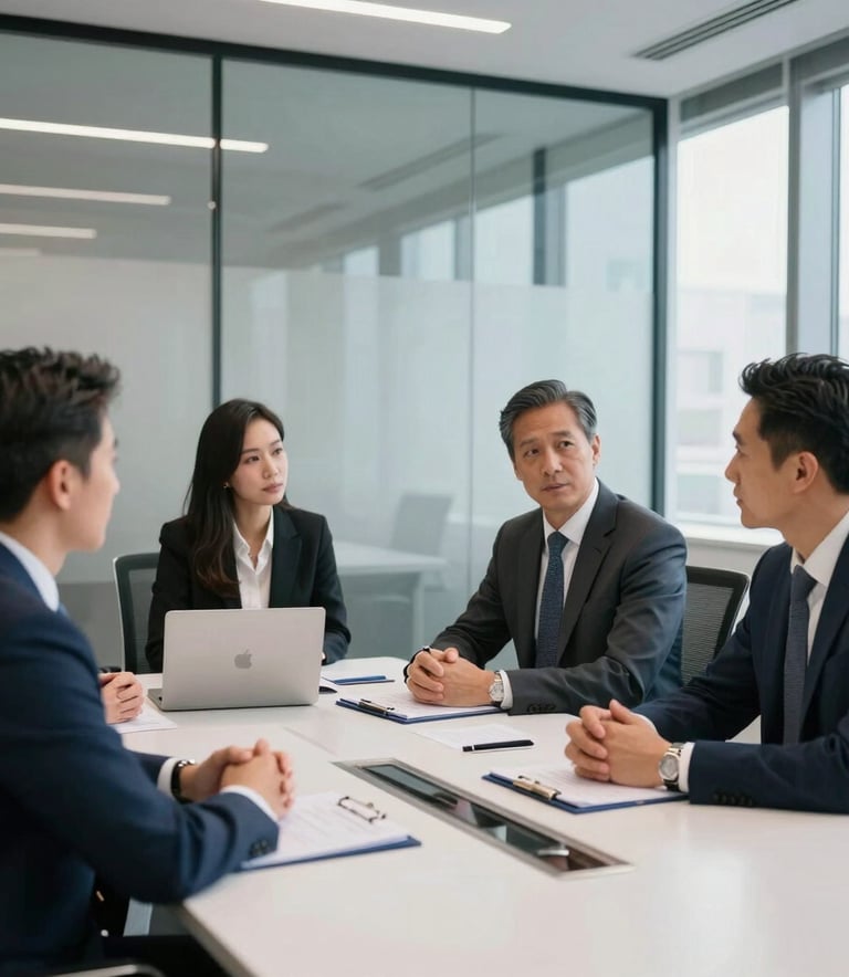A medium shot of a modern North American / US office meeting room with glass walls. A group of professionals are engaged in a serious yet collaborative tax strategy session. The style is clean and high-end, utilizing a silver and navy blue color palette.