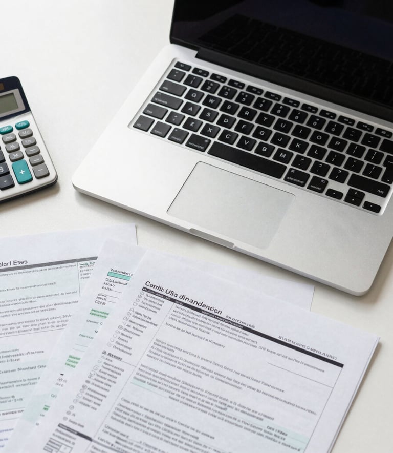 A top-down professional photography shot of a clean North American / US office desk featuring a modern laptop, a calculator, and neatly organized tax documents. The lighting is bright and natural, reflecting a clean and sophisticated atmosphere with silver and dark navy accents.
