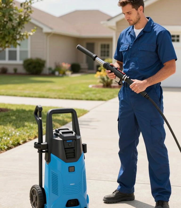 A high-quality photograph of a professional technician in a clean uniform standing next to a modern pressure washer in a bright, sunny North American / US suburban driveway. The scene is bright and professional, incorporating accents of midnight blue and deep ocean blue in the gear.