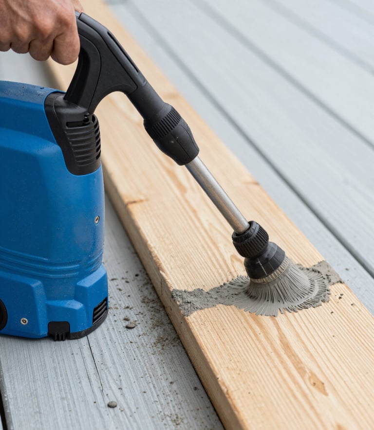 A meticulous close-up of a North American / US wooden porch being cleaned with a pressure washer, revealing the bright, original wood color beneath layers of grey dirt. The composition is a sharp diagonal split between dirty and clean. Colors: Steel Blue and Pale Mist tones.