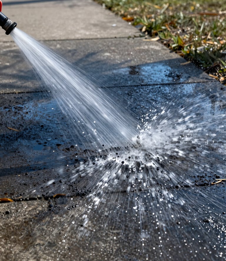 An action shot of a high-pressure water stream stripping away dark grime from a concrete sidewalk in a North American / US residential suburb. The water droplets are crisp and frozen in motion. Colors: Dark Navy Blue and Slate Grey.