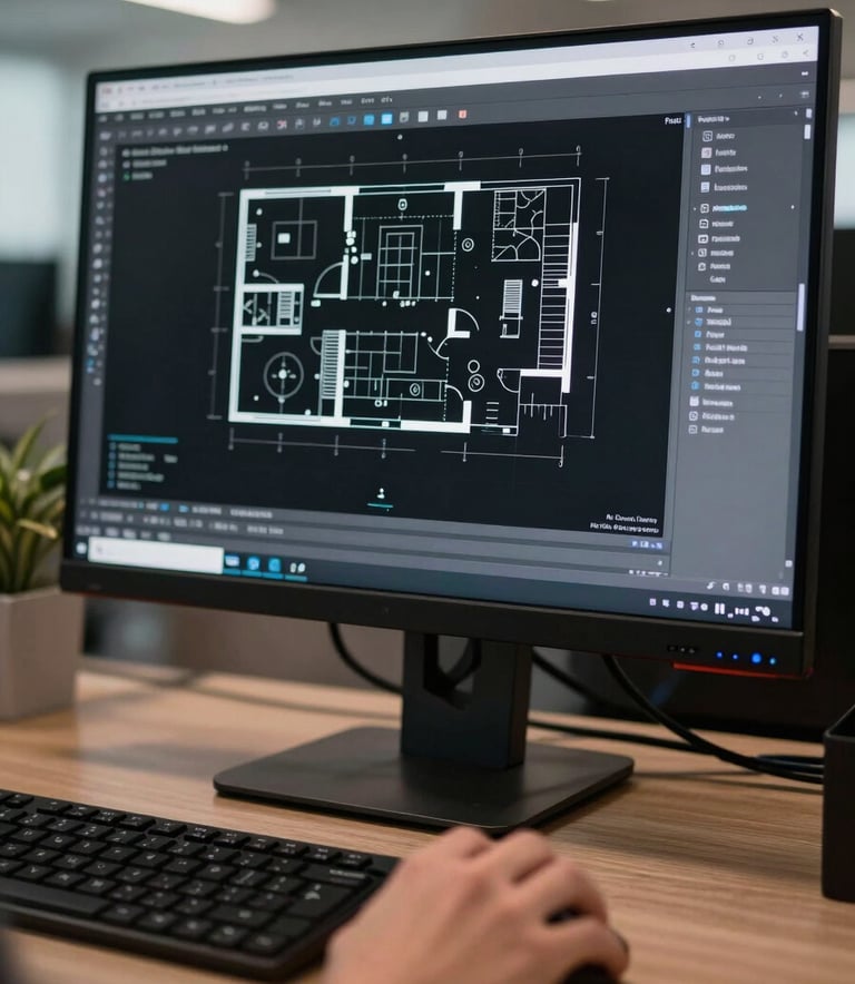 A close-up photograph of a modern computer workstation in a professional office. The monitor displays a complex AutoCAD floor plan with white lines on a black background. A hand is visible using a precision mouse. The lighting is focused and professional, reflecting a high-tech Florida design firm atmosphere.