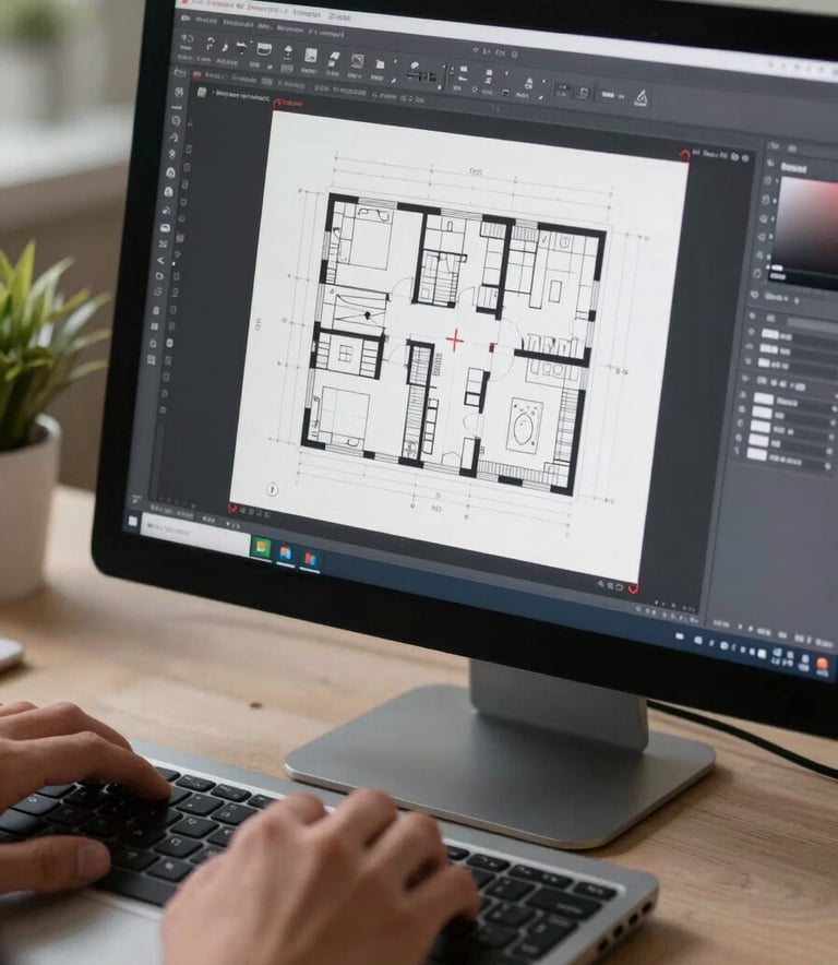 A close-up of a designer's hands using a modern computer setup, showing a detailed architectural floor plan on the screen with the AutoCAD crosshairs tool active, professional workspace, North American / Florida context.