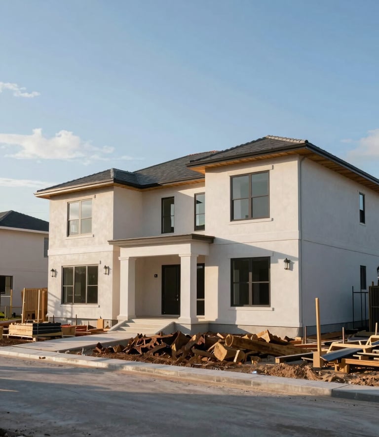 A wide photography shot of a modern Florida residential construction site under a clear sky, showing the clean geometric lines of the frame, North American architecture, bright morning lighting.