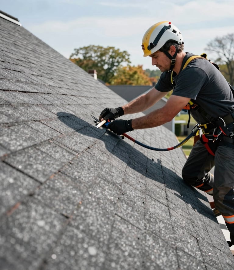 A close-up photograph of a professional roofer installing heavy-duty dark gray shingles on a residential house in North American / NYC. The worker wears a safety harness and reflective gear in bright, natural daylight.