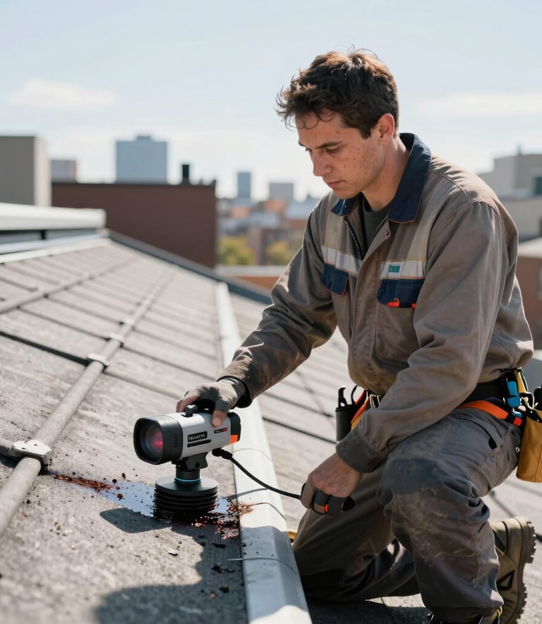A professional roofing inspector in North American / NYC using a high-tech thermal camera to detect moisture on a building's roof surface. The person is in professional work attire with a focused expression. Modern, industrial-grade equipment in bright midday lighting.