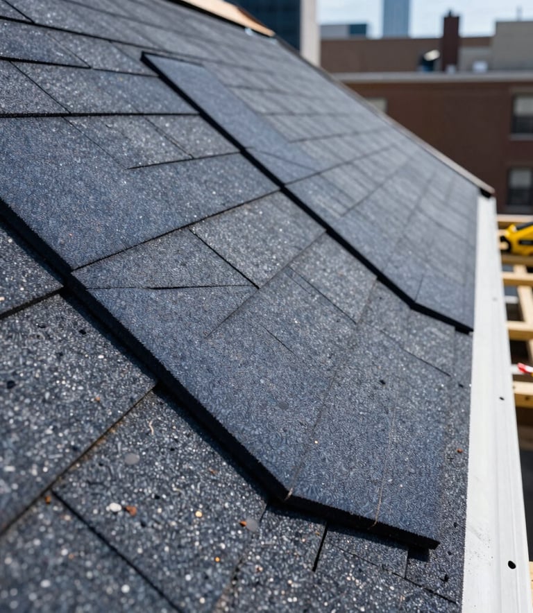 Close-up of professional roofing installation in North American / NYC, dark navy shingles being placed, safety yellow tools visible on the side, bright daylight.