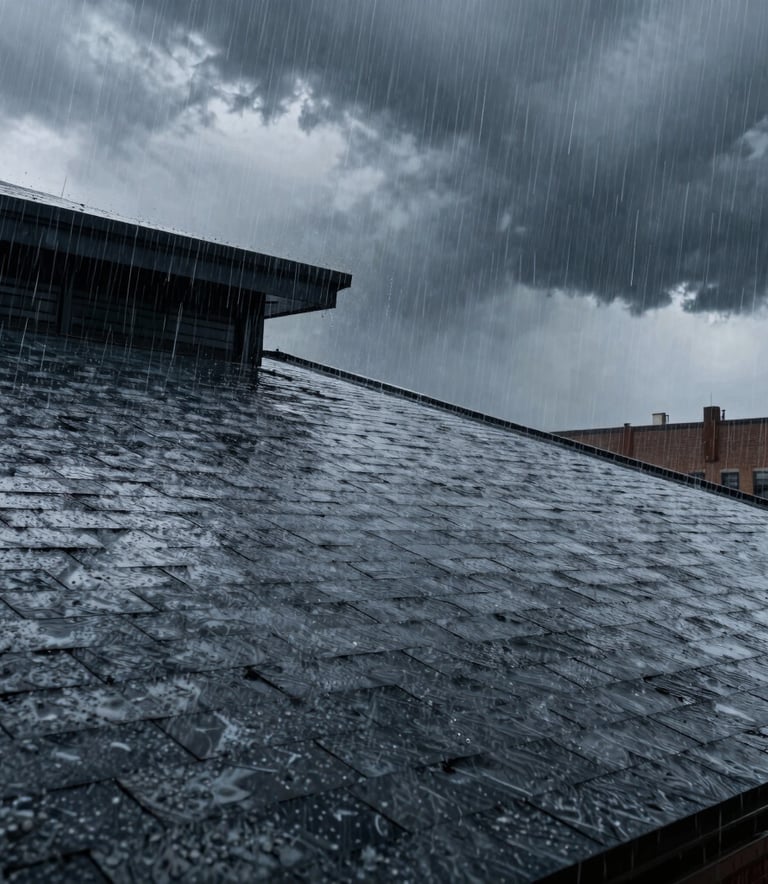 A heavy rain storm hitting a modern North American / NYC building roof, dark navy and steel gray tones, cinematic and moody lighting focusing on the texture of shingles.