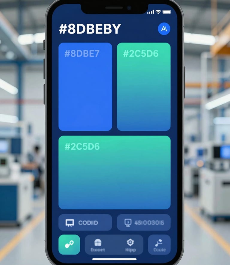 A high-definition image of a smartphone screen using Vision-AI to detect thermal leaks in a factory environment. The interface shows sophisticated data overlays in #8DBEB7 and #2C5D6C. The background is a blurred, modern industrial facility.