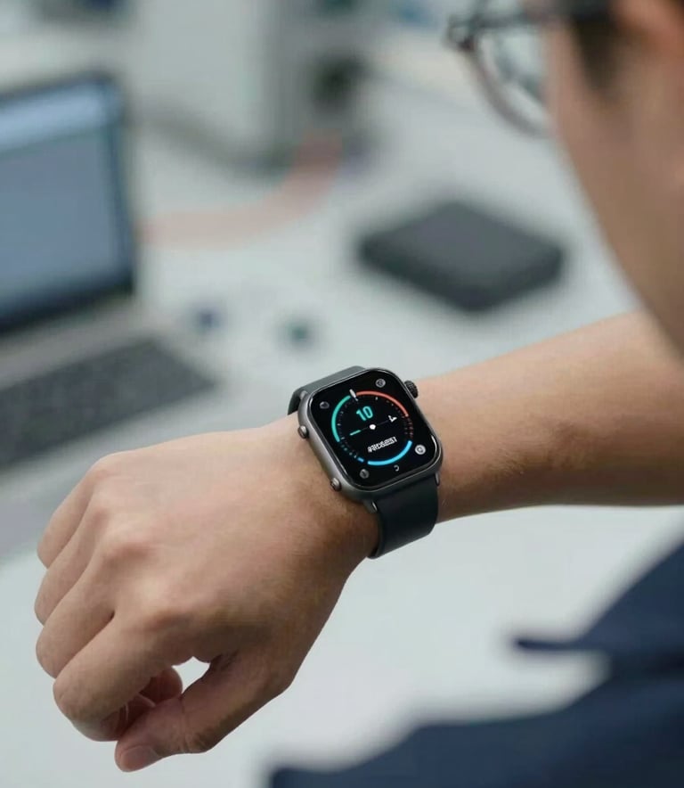 Close-up of a worker wearing a sleek industrial smartwatch on a factory floor. The watch face displays health biometrics using #8DBEB7 glowing accents. The scene is bright and highlights human-centric technology in a high-tech #F0F7F5 industrial setting.