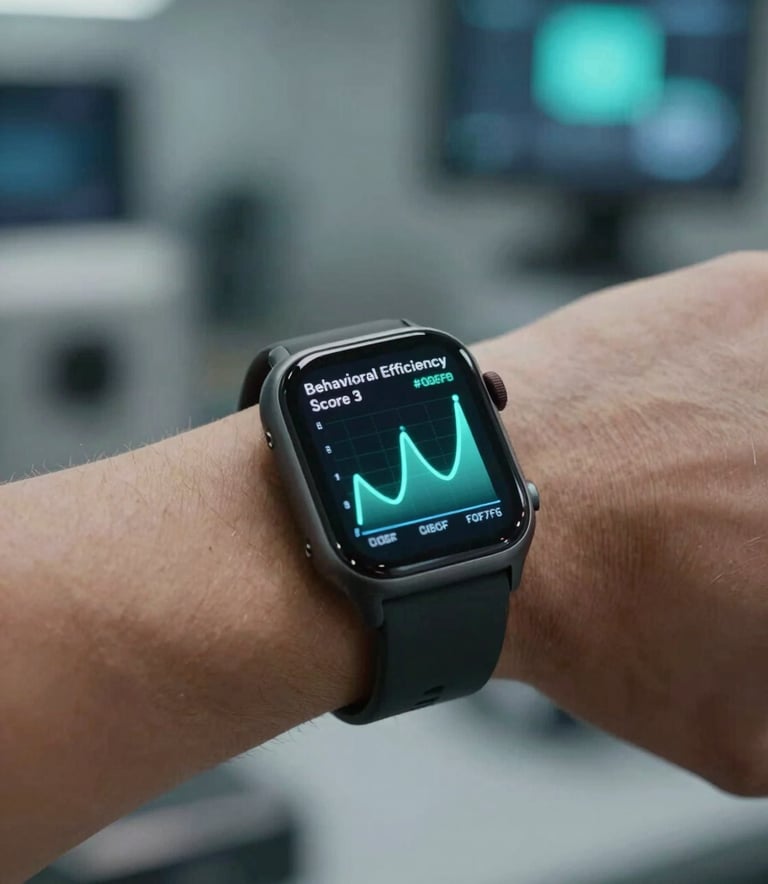 Close-up of a worker's wrist wearing a high-tech industrial smartwatch. The screen displays a 'Behavioral Efficiency Score' with glowing biometric line graphs in #8DBEB7 and #F0F7F5. The background shows blurred industrial equipment in #0A1D2B. Forward-thinking and precise lighting.
