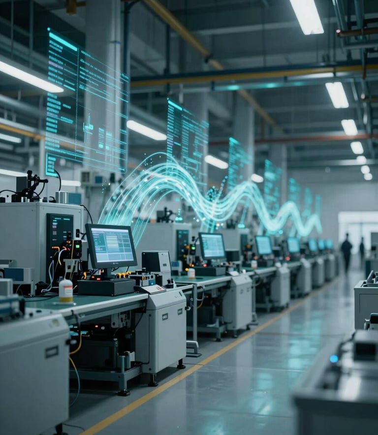 A sophisticated industrial environment with a wide shot of a manufacturing floor. The lighting is cool-toned using #2C5D6C and #0A1D2B. Digital data streams and translucent energy-drift visualizations are overlaid on the machinery to represent invisible operational inefficiencies. Authoritative and high-tech mood.