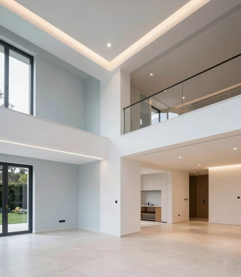 Interior photography of a modern renovated French villa. High ceilings, white walls with light blue grey accents, clean tile flooring, and stylish recessed lighting. Wide angle, professional quality.