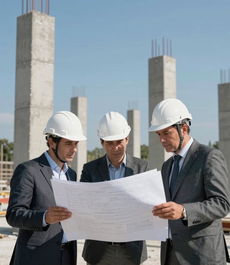 Architects and site managers in white helmets discussing plans on an active construction site in France, structural concrete pillars in the background, professional and trustworthy atmosphere, slate grey and bright blue sky.