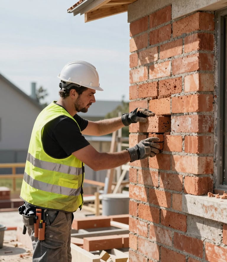 Professional photography of a construction site in Meyreuil, France. A mason in a safety vest is precisely laying bricks for a residential house wall during a bright day. Modern equipment visible.