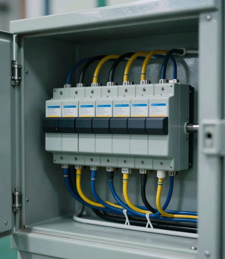 Close-up photography of a professionally installed industrial electrical panel in a Brazilian facility. The wiring is perfectly aligned and color-coded, showcasing high competence and attention to detail. Soft industrial lighting with metallic and blue highlights.
