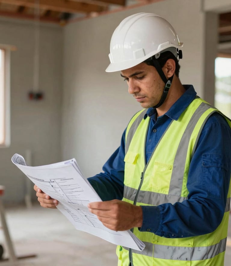 Professional electrician in a South American / Brazilian construction site, wearing a white helmet and reflective safety vest, examining a complex electrical blueprint. The lighting is crisp and natural, highlighting a clean and organized work environment with blue and dark green accents.