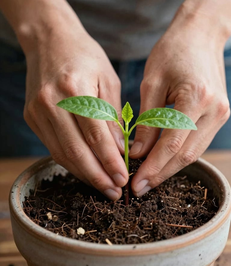 A close-up shot of hands carefully planting a small green sapling into a ceramic pot filled with rich soil, symbolic of financial growth and saving from small beginnings, North American / US indoor setting.
