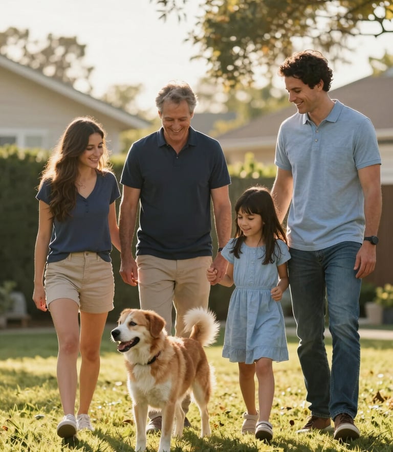 A happy North American / US family of four playing in a sunlit backyard with their dog, conveying a sense of safety and joy, warm golden hour lighting, dressed in casual navy and light blue attire.