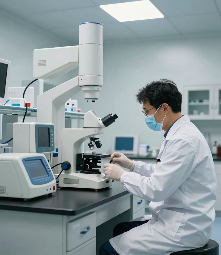 A clean, modern medical laboratory interior in a North American setting with sleek equipment and a researcher in white professional attire. The lighting is bright and airy, using a palette of light blue and off-white.