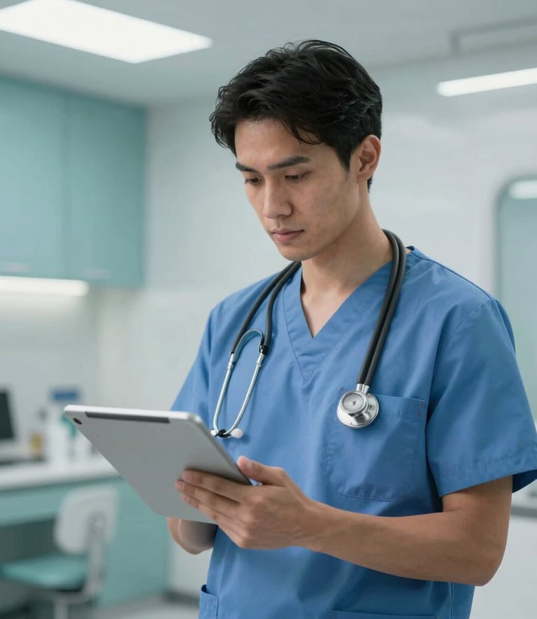A focused healthcare professional in North American medical attire holding a digital tablet in a bright, modern clinic with clean teal accents and professional lighting.