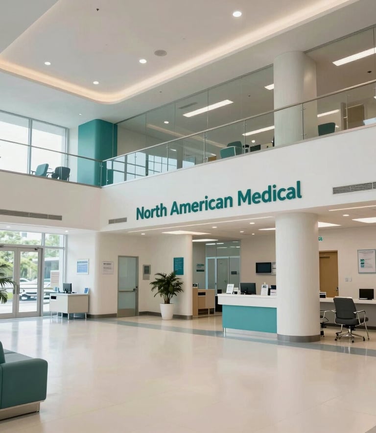 A wide photography shot of a state-of-the-art North American medical center lobby, showcasing clean architecture and a welcoming, professional atmosphere in teal and off-white.
